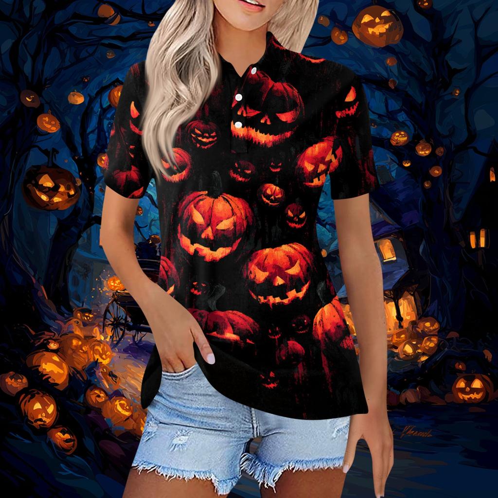 Women's Fashion Casual Button Front Short Sleeve Halloween Print Polo Shirt with Side Slits Lightweight Breathable Top