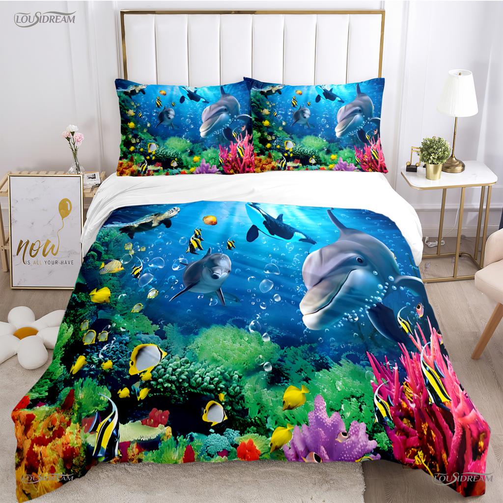 Comforter 3D Ocean World Dolphin Whale Fish Comforter Beding Set Soft And For Single/Double/Queen/King