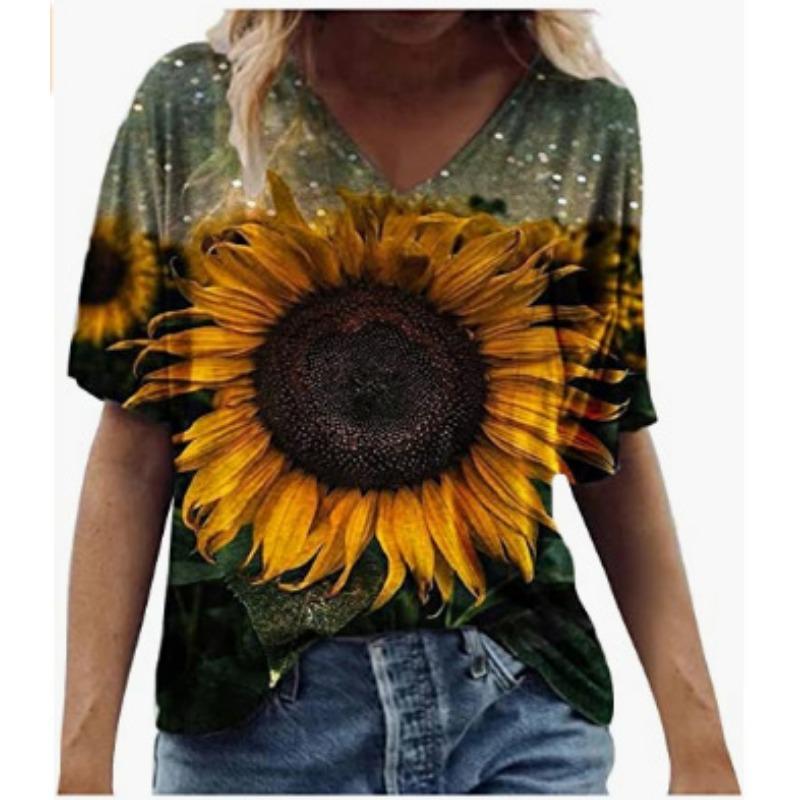 Summer V-neck 3D Feather Flower Printed Top Fashionable Casual Short Sleeved Women's T-shirts