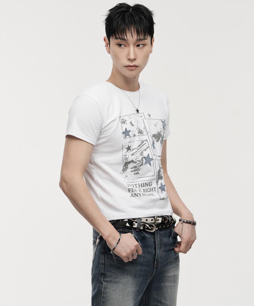 LANARCHIVE [0132] Denim Applique Star Short Sleeve T-Shirt - Ivory