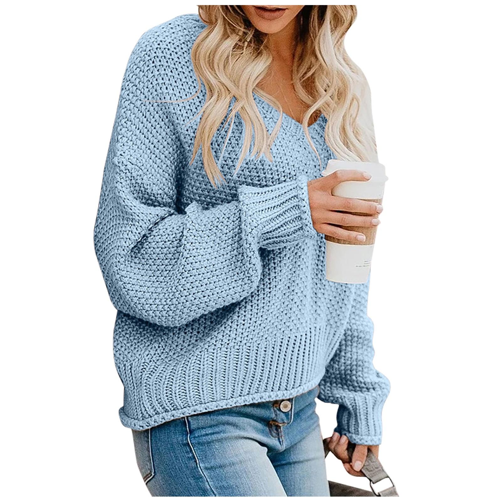 

Женская повседневная мода V-образный вырез однотонный длинный рукав пуловер рубашка топы S