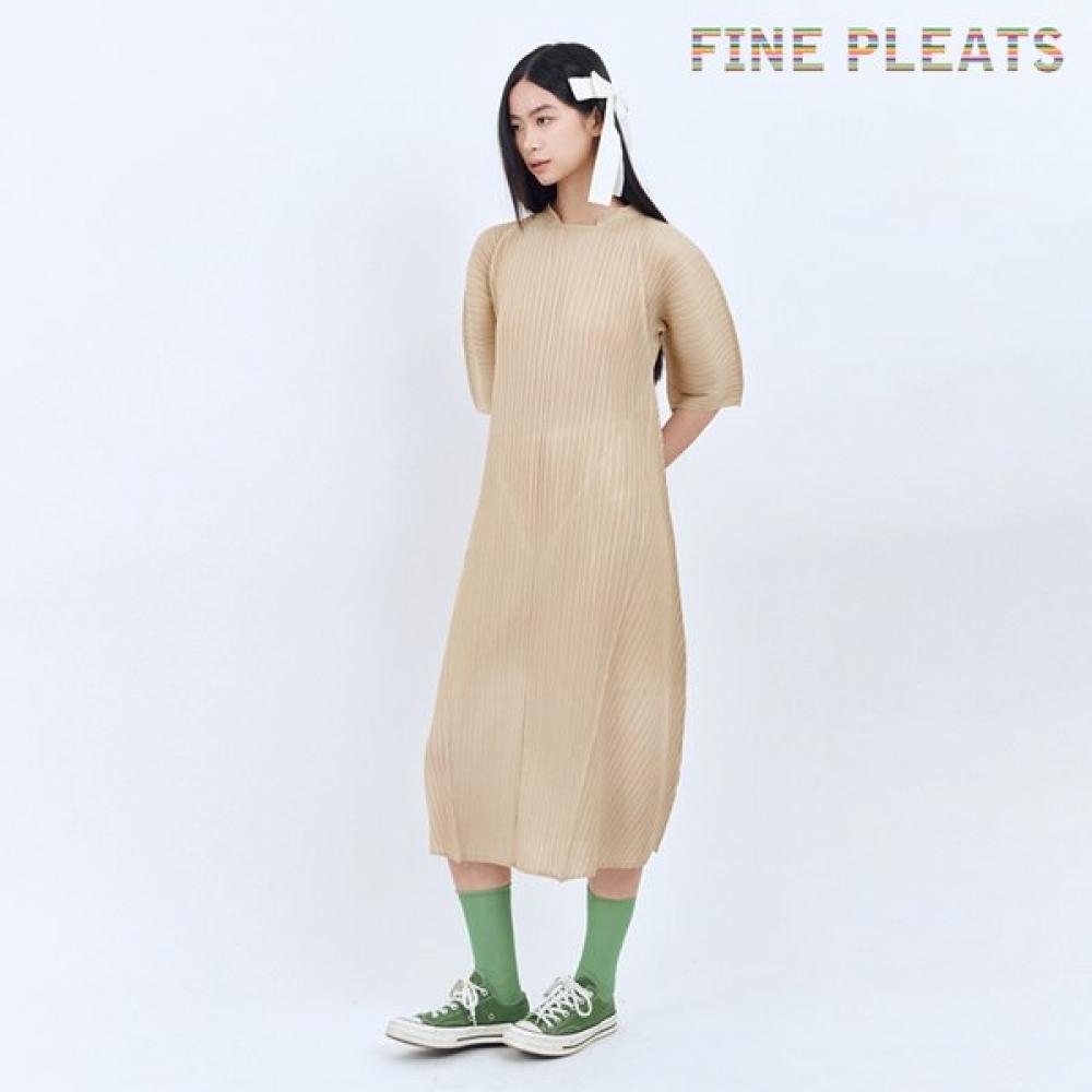 Fine Pleats China Back Ribbon Dress Beige FREE