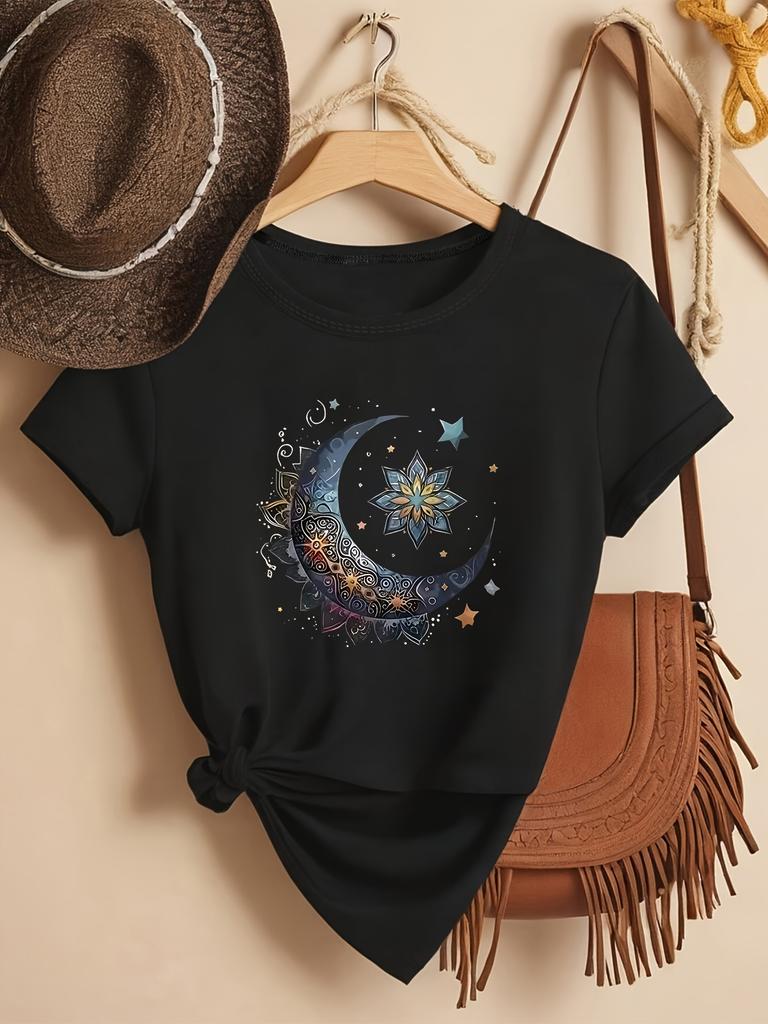 Crew Neck Moon And Star Print Shortsleeved Tshirt Unisexs Fashion Funny T Shirt Vintage Style Y2k Tees Tops Clothes Femme 90s