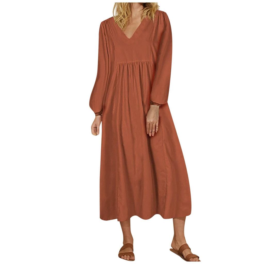 Women's Summer And Fashion V-neck Cotton Linen Loose Sleeves Long Sleeve Dress