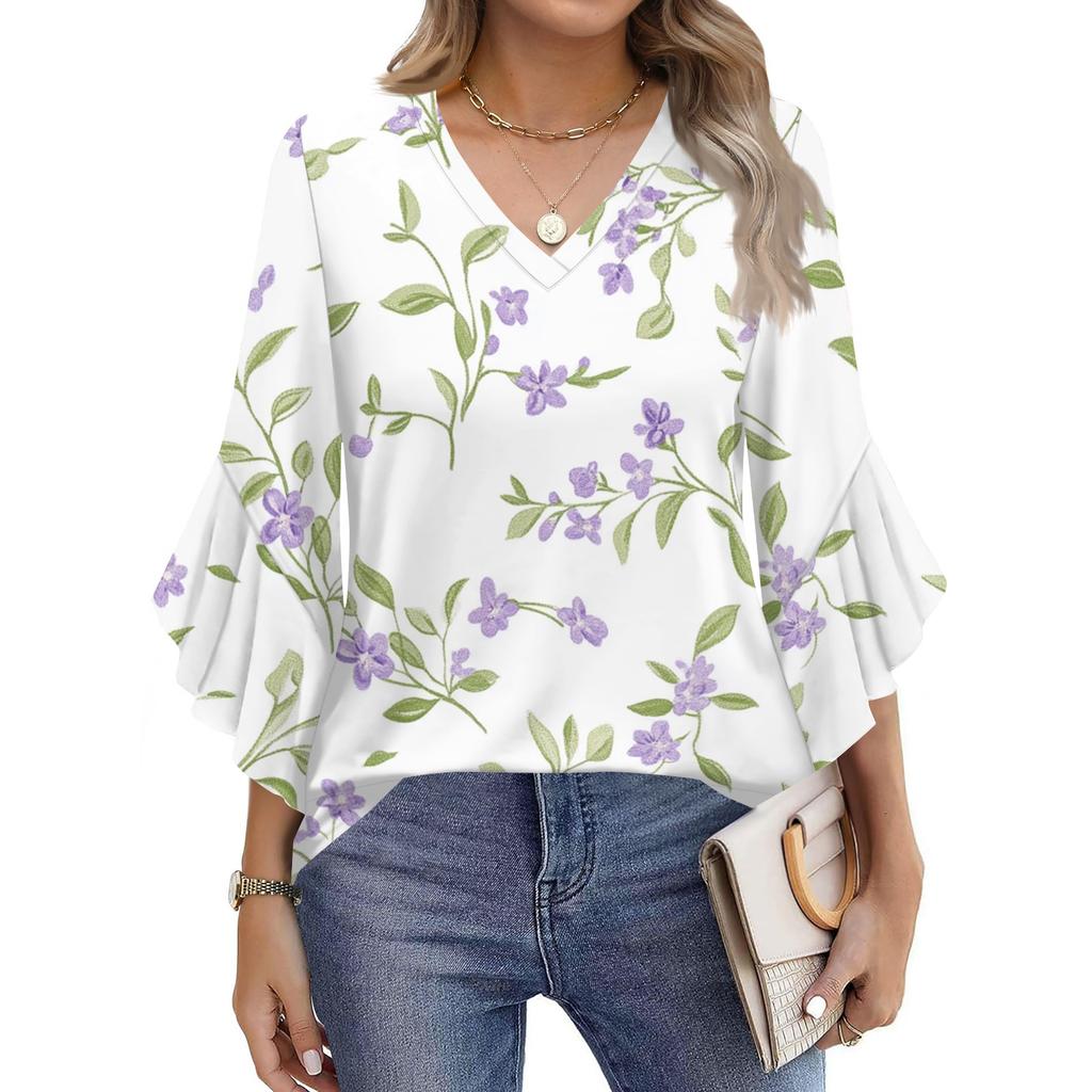 Blouses For Women Dressy Casual 3/4 Length Sleeve Womens Tops V Neck Tshirts Shirts With Flared Sleeve