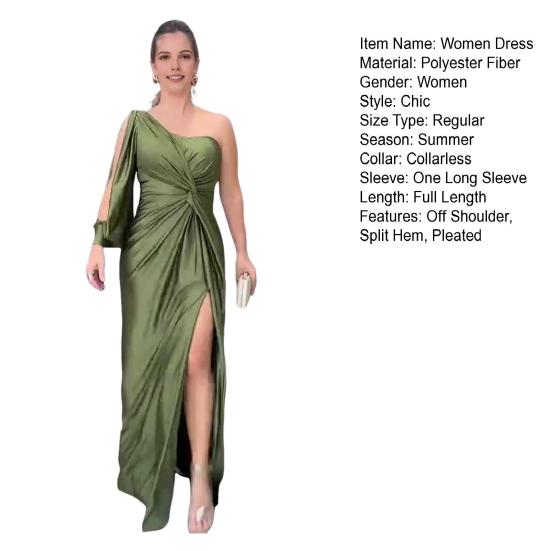 Abendkleid für Damen, eine Schulter, einzelne offene Ärmel, geteilter Saum, einfarbig, schmale Taille, plissiertes Knotendekor, Abschlussball, Cocktailparty, Maxikleid, Ballkleid