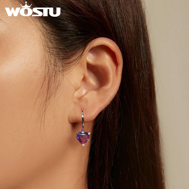 WOSTU 925 Sterling Silver Blue Purple Rainbow Heart Hoop Earrings for Women Sweet Romantic Drop Pendiente New Year Jewelry Gift