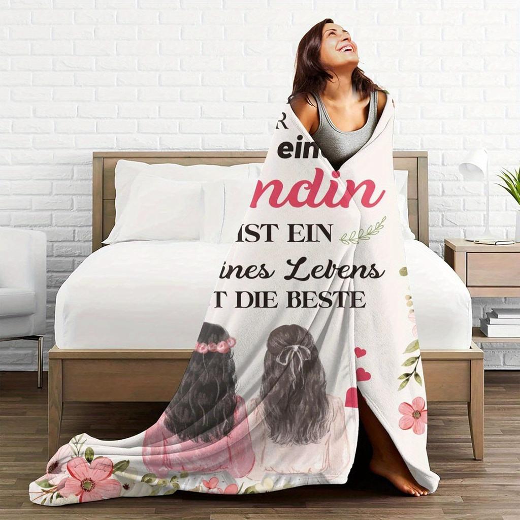 Festive Friendship Blanket: Soft Fleece Throw with Floral Design and German Text - Perfect Gift for Your Bestie
