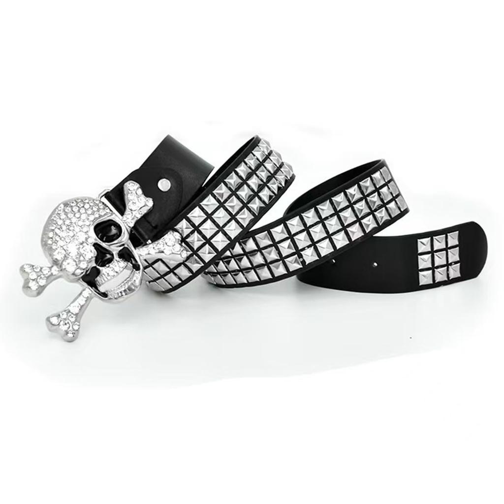 Studded Belt Skull Bone Skeleton Buckle Bling Bling Glitter Belt Hip Hop 110cm Black [Lamerry] Men's Women's