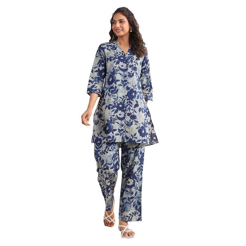 Janasya Women' Indigo Cotton Floral Regular Coord Set (JAA24CD0 4 )