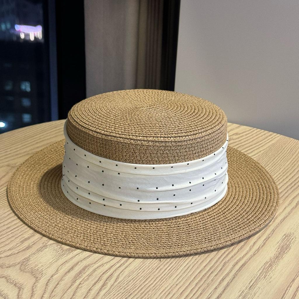 Spring and Summer Sunscreen Elegant French Polka Dot Vacation Top Hat Women Travel Beach Hat Fashion Flat Top Straw Hat