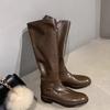 Cowhide~ Grape Mom Same Retro Boots Women's Double Buckle Belt But Knee Boots Side Zipper Thick Heel Knight Boots