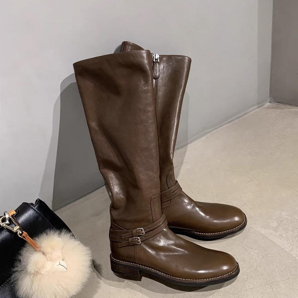 Cowhide~ Grape Mom Same Retro Boots Women's Double Buckle Belt But Knee Boots Side Zipper Thick Heel Knight Boots