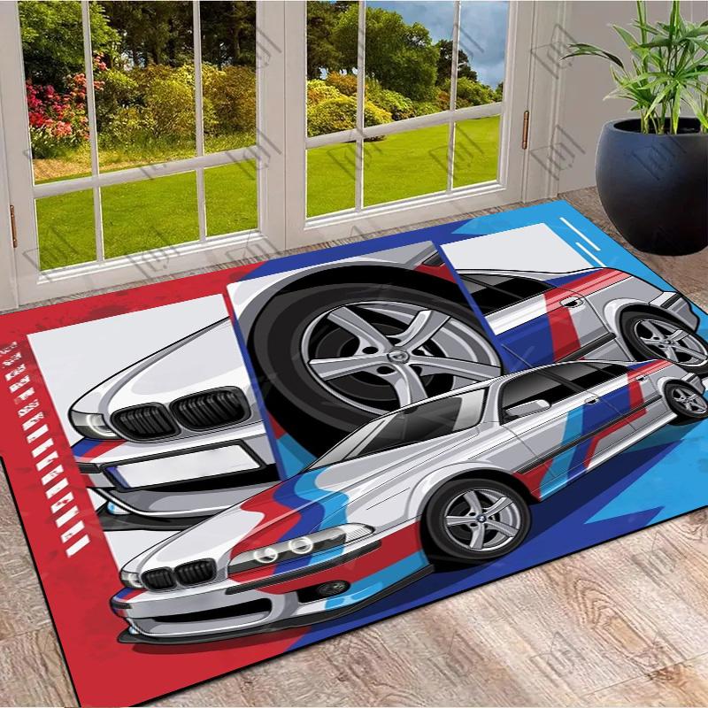 White Racing Sedan Tricolor Livery Comic Print Area Rug Non‑Slip Rectangular Floor Mat Auto Fan Decor for Gaming Bedroom Living Room