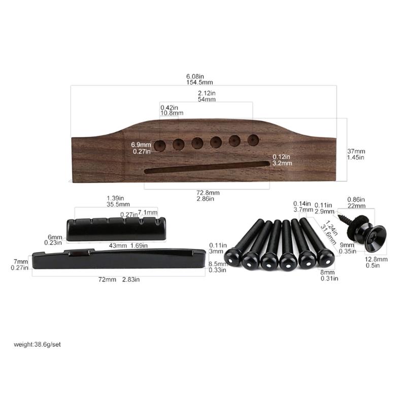 Acoustic Guitar Wood Rosewood Bridge Guitar Wood Bridge Guitar Saddles Nut Slotted with 6 Bridge Pins Easy To Install