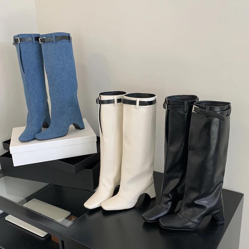 Fashion Eilyken New Winter Street Style Belt Buckle Strap Knee-High Women Boots Square High Heels Booties Stripper Pumps Shoes