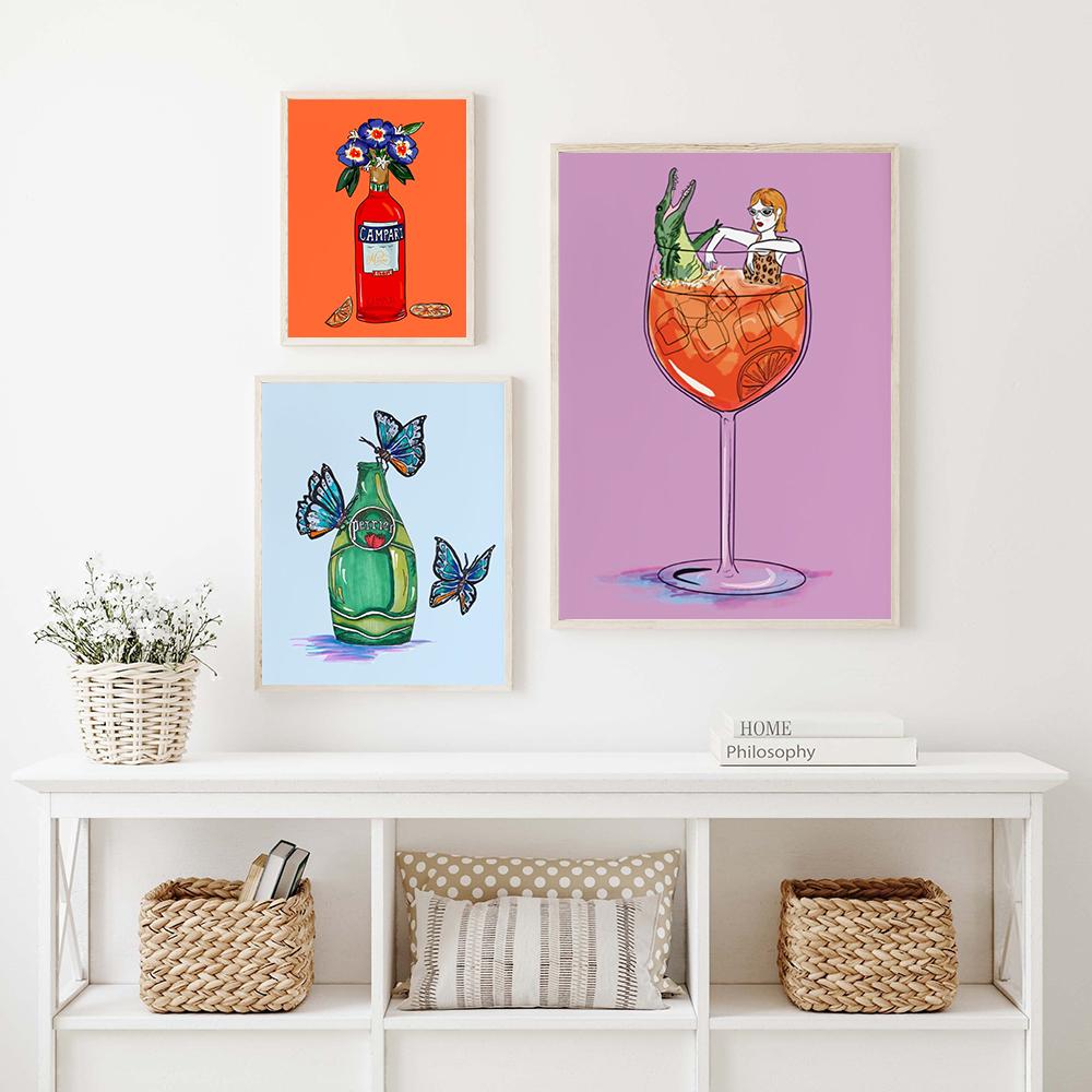 Campari Illustrated Italian Wall Art Print Gator Aperol Sprtiz Poster Sparkling Water Butterfly Wall Picture Cuadros Decorativos