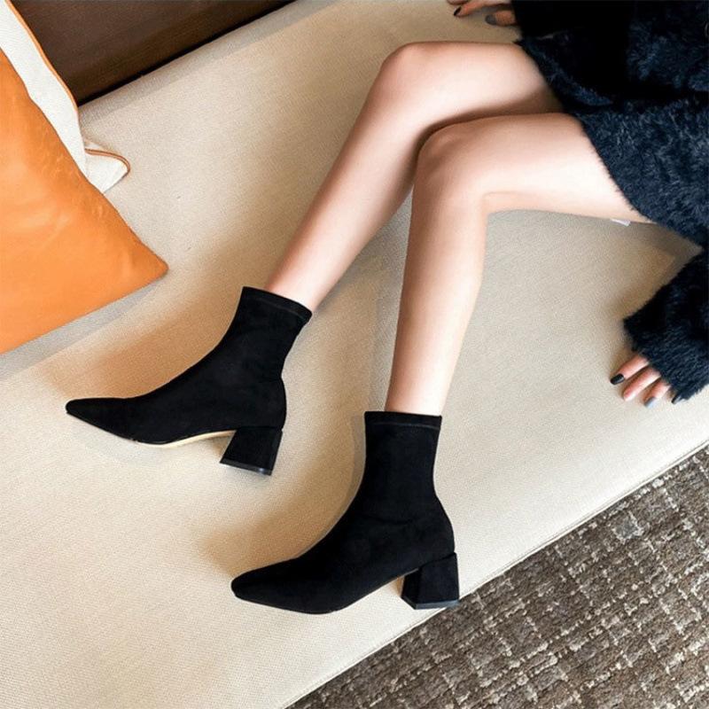 Coarse Heel Short Boots Women's 2025 New Black Suede Medium Boots Medium Heel Versatile Square Socks Boots Elastic Thin Boots