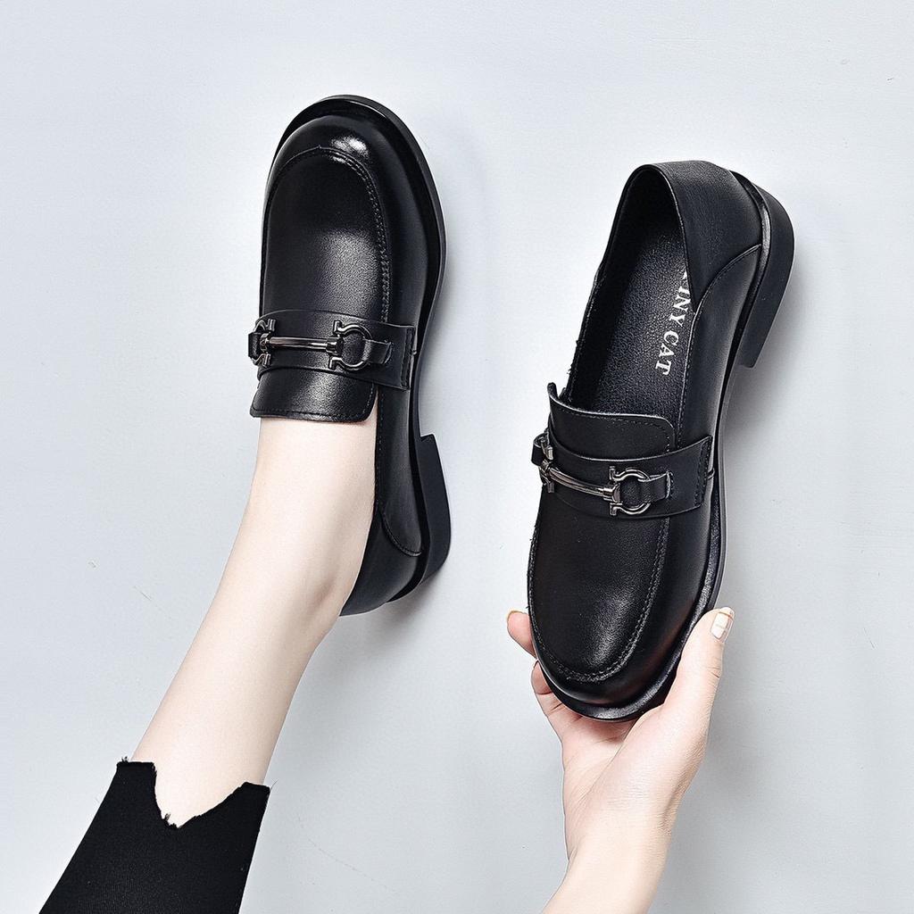 Flat Bottom Women's Spring New Round Head Two Wear Single Shoes First Layer Cowhide Low Heel Small Leather Shoes