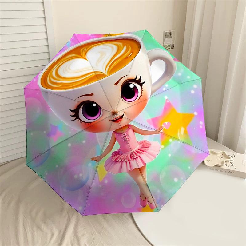 1PC coffee cup ballerina Umbrella-8-Rib Reinforced, Automatic Open, Lightweight & Durable, Cute Fashion Accessory for Outdoor, Beach or Casual Use, Be
