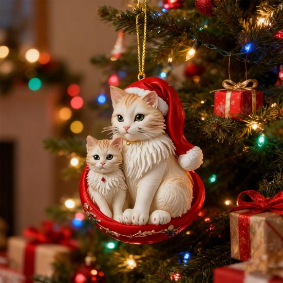 Vánoční přívěsek 2D akrylová kočka s vánoční čepicí přívěsek ozdoba k zavěšení do auta posilovač sváteční atmosféry