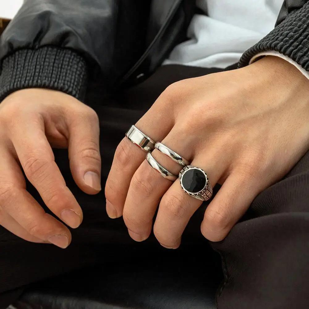 Punk Geometric Round Ring Set For Man Fashion Vintage Simple Titanium Steel 4Pcs Ring Set  Hip Hop Accessories Wholesale