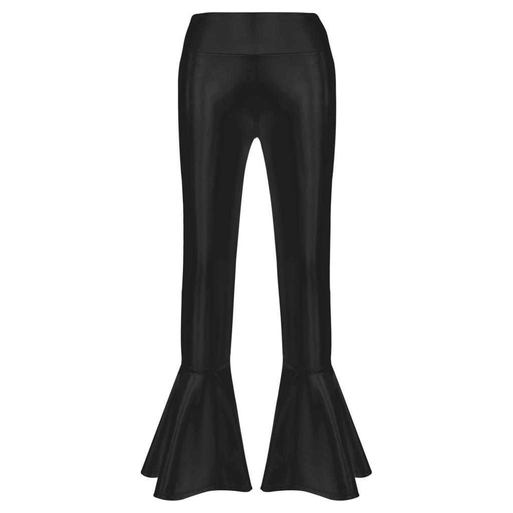 Bronzing Cloth High Waist Flare Trousers Kids Girls Dance Wear Stage Costume Ruffle Hem Bell Bottom Long Pants