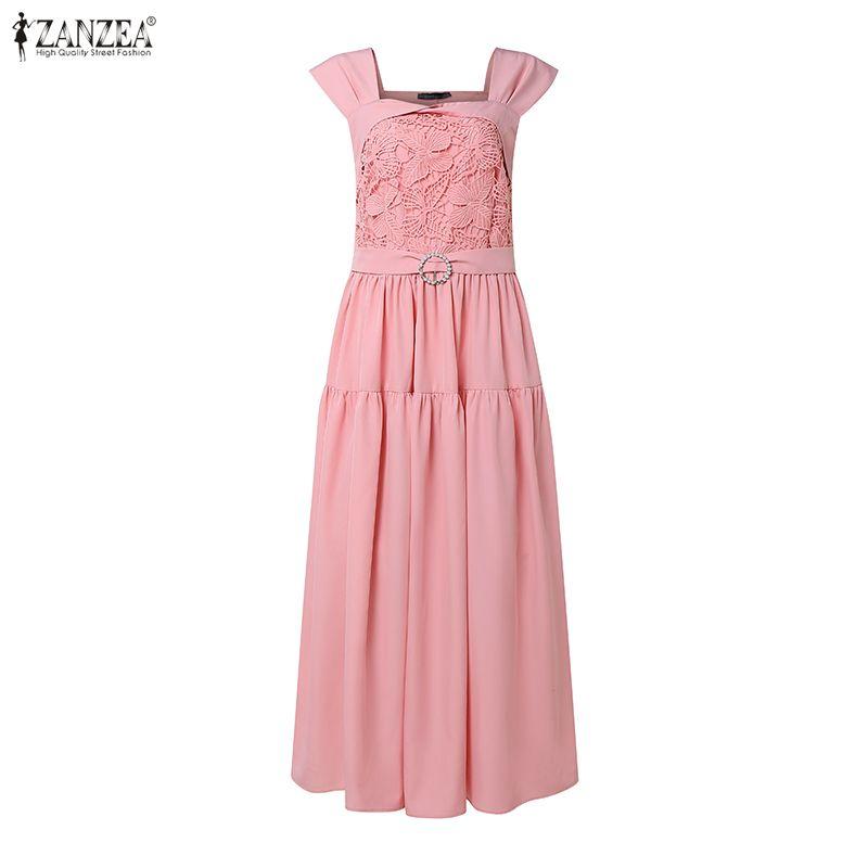 ZANZEA Women Elegant Lace Crochet Patchwork Round Neck Casual Sleeveless Dress