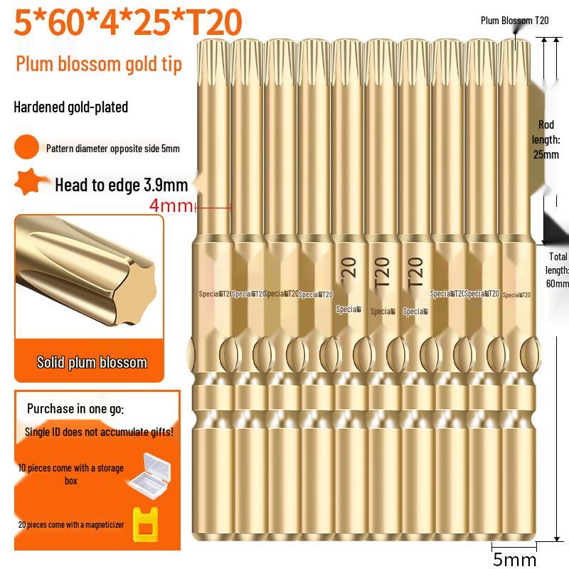 Plum Blossom Hexagon Gold Bit Set: T5-T20 Electric Screwdriver Tips