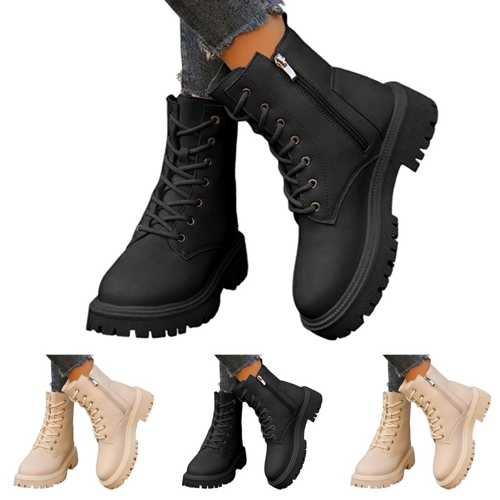 Fashionable Versatile Short Boots With Thick Heels Round Toes Autumn Winter Womens Trendy Solid Ankle Flat Boots Botas Mujer