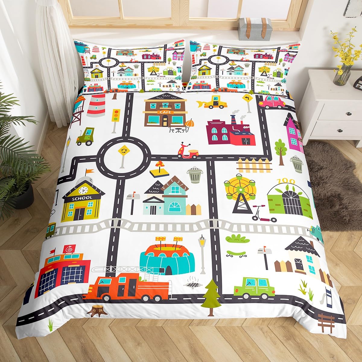 Housse de couette pour voiture de course Queen pour enfants garçons, ensemble de literie gris pour véhicule de construction, housse de couette pour voitures rouges et trafic routier 3 pièces EU Single(135x200cm)