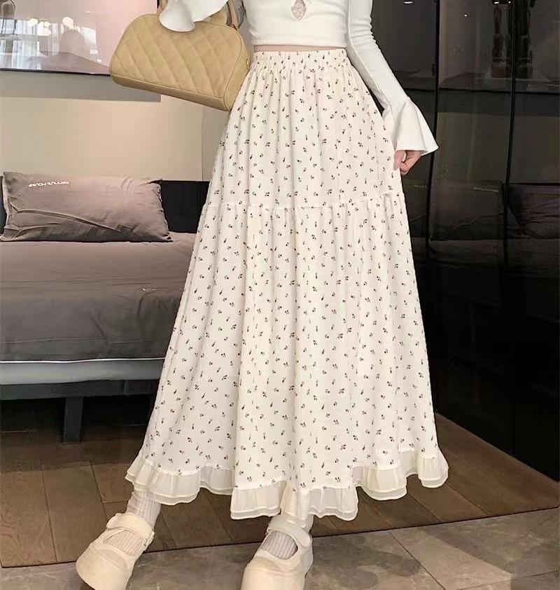 New white floral skirt high waist spring and summer medium and long design sense niche long skirt irregular fairy skirt