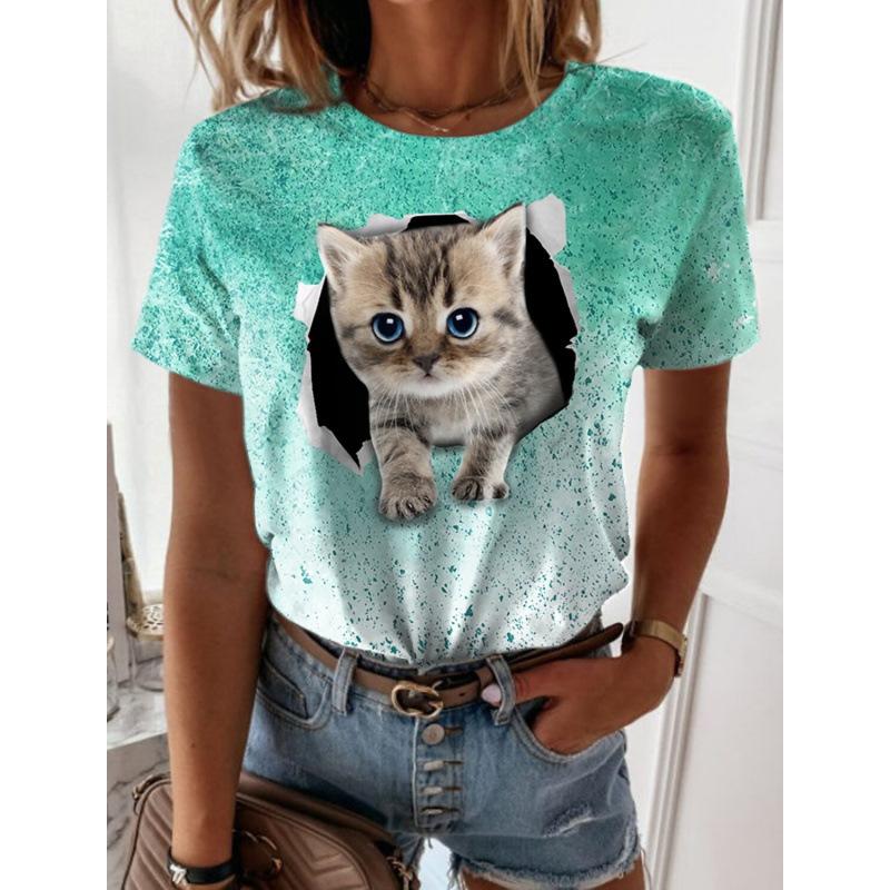 

Летняя футболка с короткими рукавами и принтом в виде кошки и собаки, повседневная свободная футболка с круглым вырезом для женщин, женские футболки 6XL