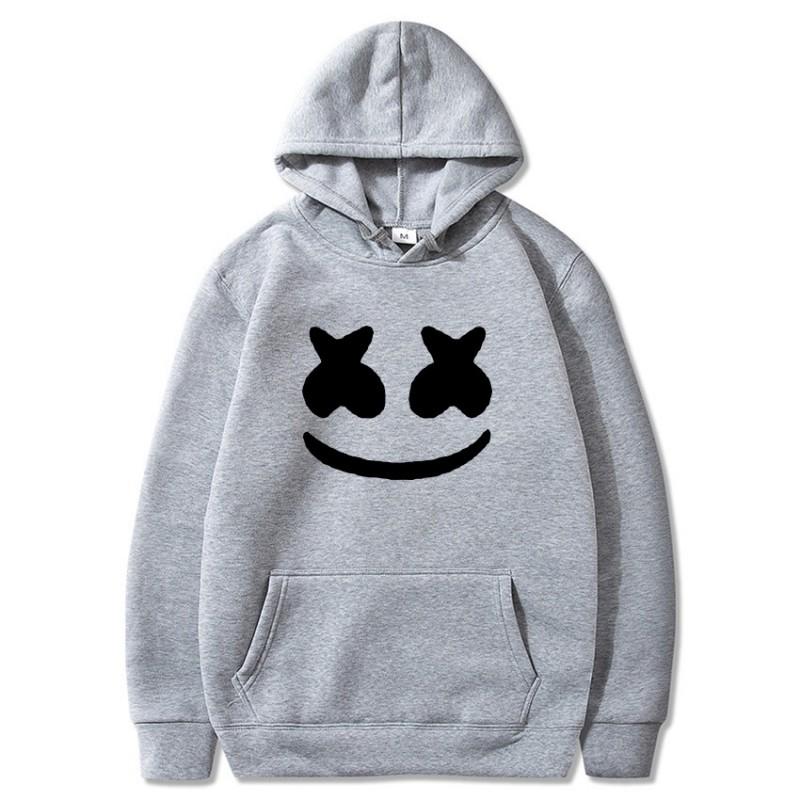 Mens Marshmello Smiley Face Hooded Sweatshirt Loose Fit Cotton Blend Winter Pullover