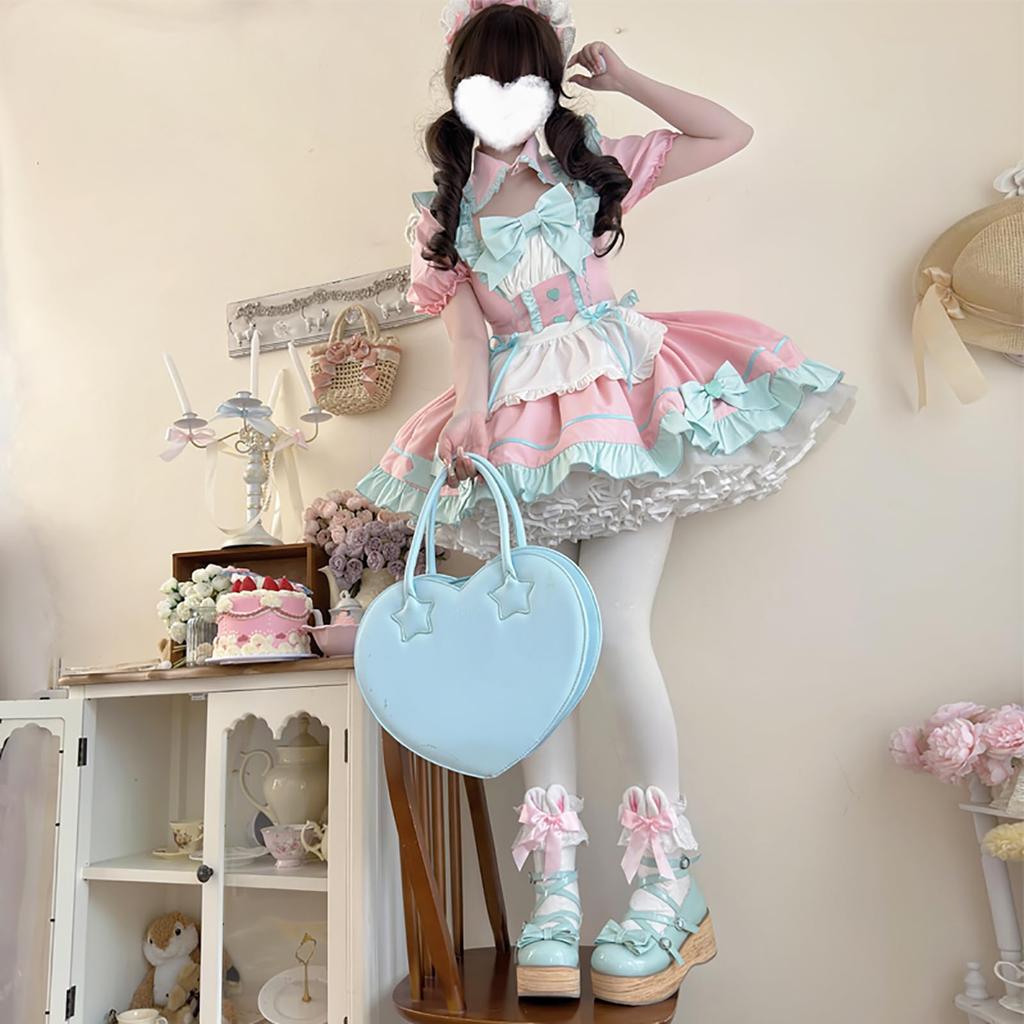 XHSUKADO 3-Piece Maid Outfit Set, Lolita Dress with Ribbon, Lace-Up, Dreamy, Cute Gothic Lolita Dress, Ruffles, Mori Girl, Princess Style, Idol Costum