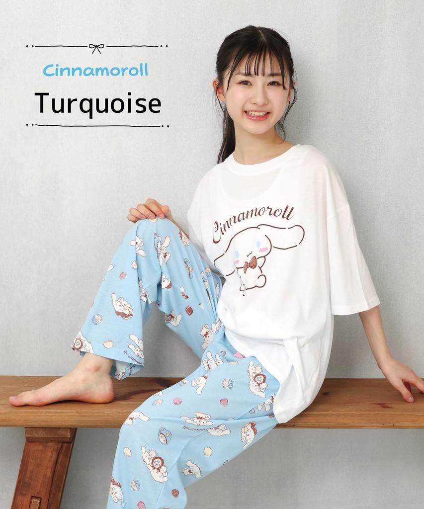 SAZAC Cinnamoroll Pajama Set for Cotton Short Long and Top x Women, Jersey, Sleeves, Pants, T-Shirt, (White Turquoise/M/SAN1806)