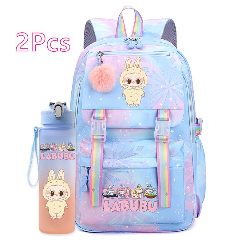 2Pcs/set Cute Printed Backpack with 750Ml Outdoor Sports Water Bottle Student Girl Boy Schoolbag Large Capacity Travel Bag Gift
