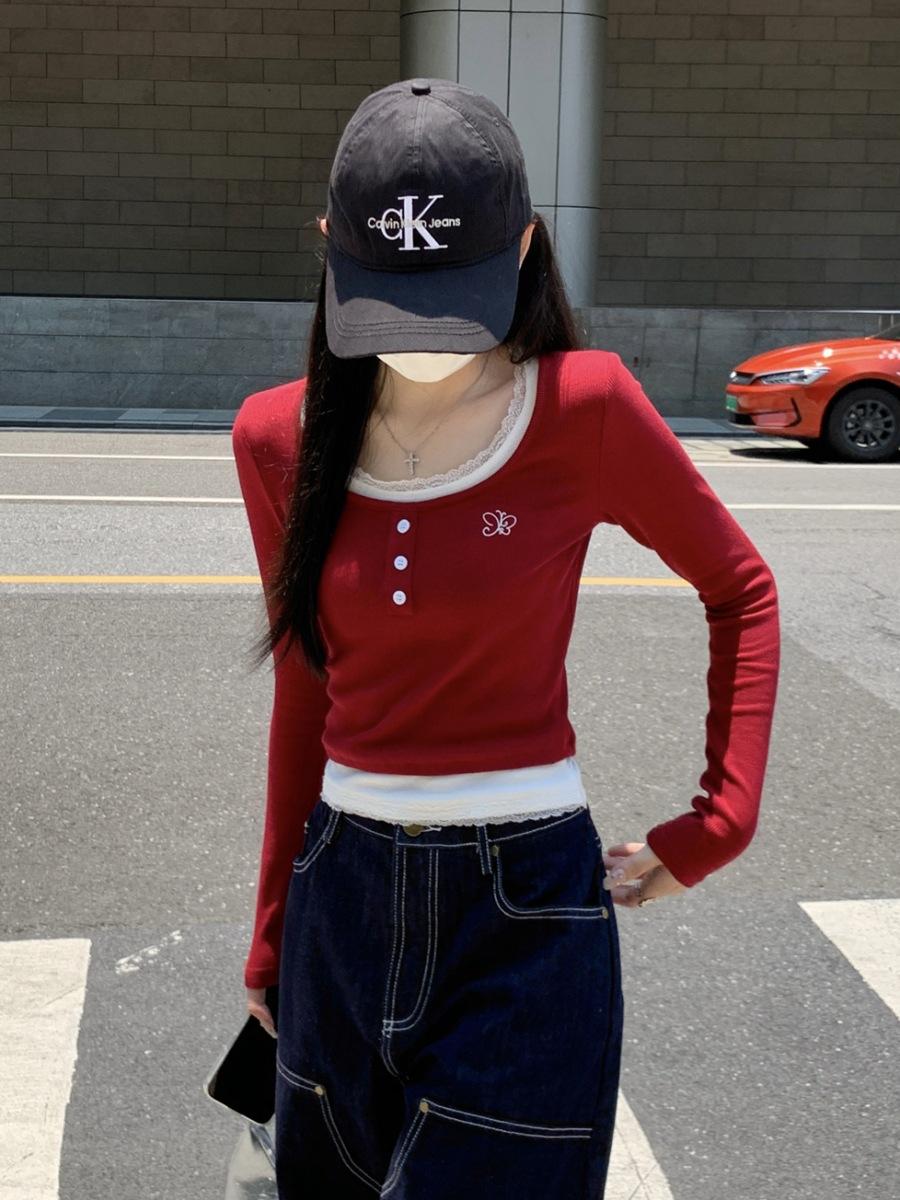 

Early spring new fake two-piece U-neck lace button-down bottoming shirt sweet and spicy slim-fitting long-sleeved T-shirt design top XL червоний