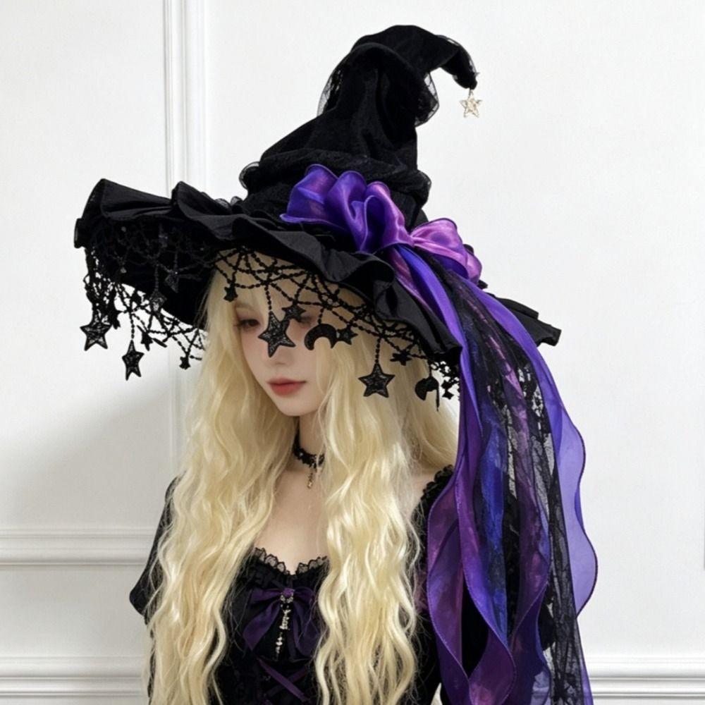Lace Lolita Witch Hat Bow Ribbon Wizard Cap Cosplay Accessories Pointed Mage Hat Role Play