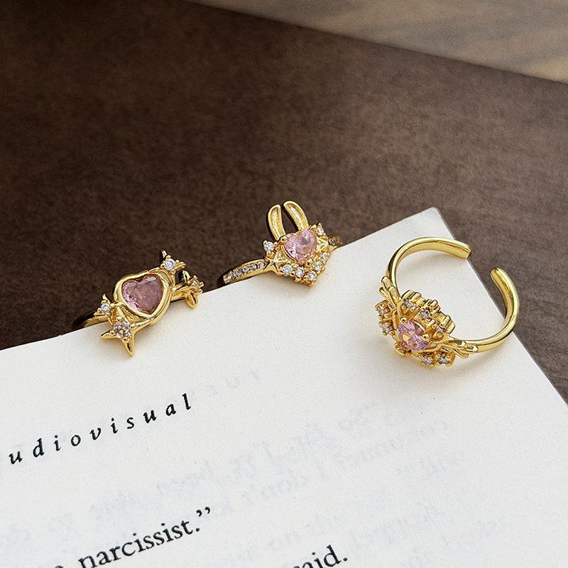 Light Luxury Dream Girl Heart Pink Love Colored Treasure Zircon Rabbit Wing Open Ring Starlight Stacked Index Finger Ring