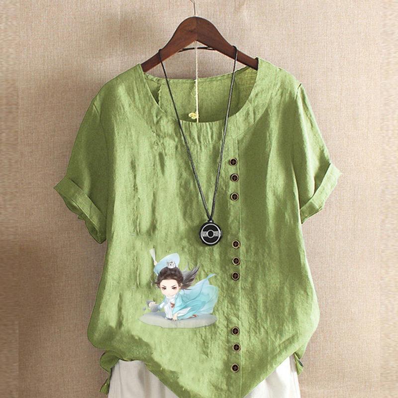 

Женская мода Красивый мальчик Принтованный короткий рукав футболка свободная хлопковая рубашка повседневная свободная летняя блузка топы плюс размер 5XL зелёный