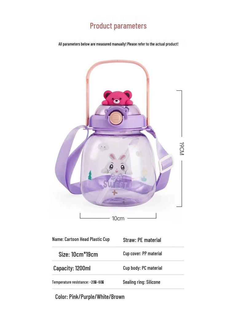 Large Cartoon Children's Straw Water Bottle - High-Capacity, Stylish Plastic Cup for Students