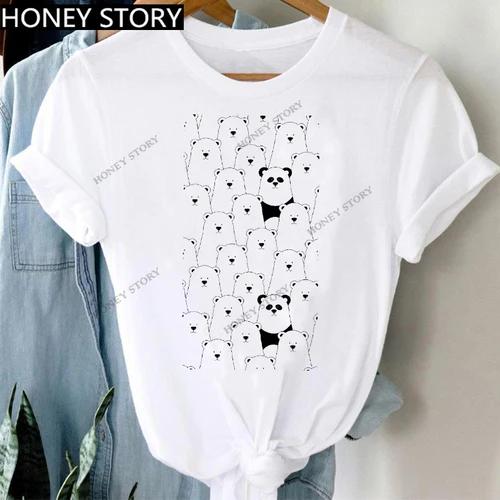 Women's Animal Panda Alpaca Print Loose T-shirt Aesthetic Graphic Top Summer Fashion Polyester Fabric Student Base Layer Shirt