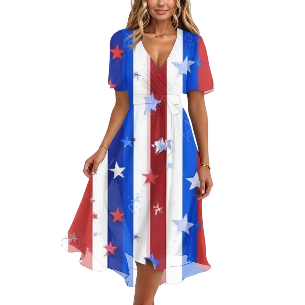 Women's Fashionable Casual V-neck Short-sleeved Independence Day Printed Dress