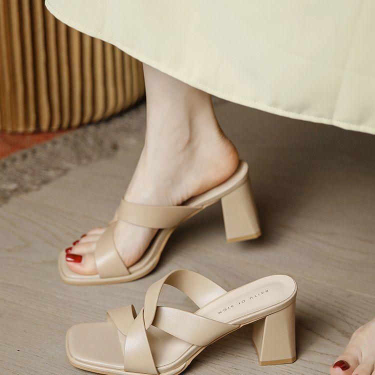 Open-toed high heels women's thick heels 2025 summer new Roman lazy shoes wear a pedal square head cool slippers women