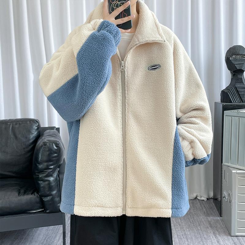 Contrast Color Lamb Wool Granular Fleece Cotton-padded Jacket Men's Korean Version Stand-up Collar Sweater Thermal Jacket