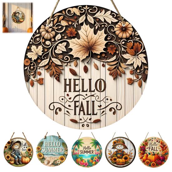 Handcrafted Wooden Wall Decor Natural Autumn/Summer Pendant with Hanging Rope for Front Door, Creative Rustic Entrance Door Sign Welcome Sign,