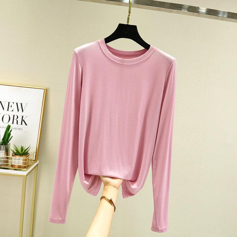 Women's Crew Neck Long Sleeve Tee Slim Fit Commuter Casual Top Solid Color Modal Fabric Stretchy Basic Layering Shirt For Autumn Daily Inner Wear
