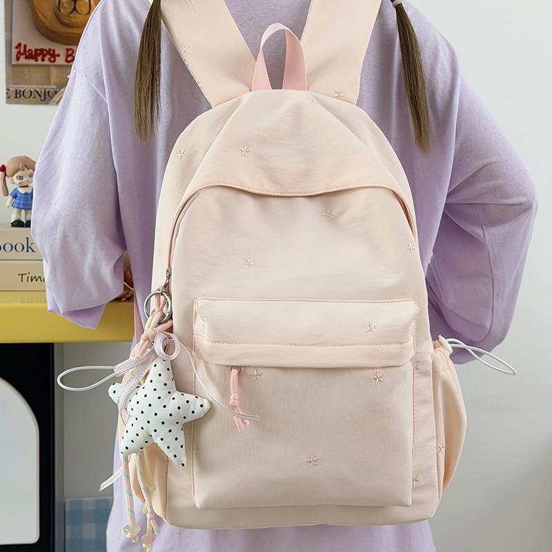 Schoolbag Milk Cream White and Blue Embroidery Star High-value Backpack Primary School School Bag Women's Daily Shopping Light and Sweet Backpack