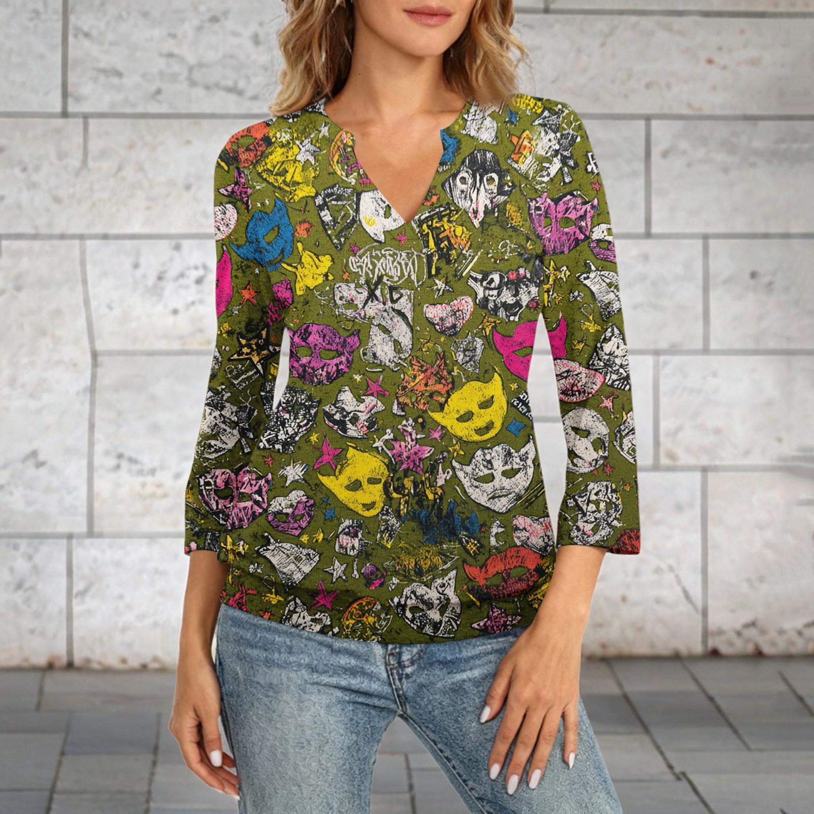 

Women s 3/4 Sleeve Top With Cuffed Hem, V-Neck, Summer Casual -Shirt, Carnival Printed Top M